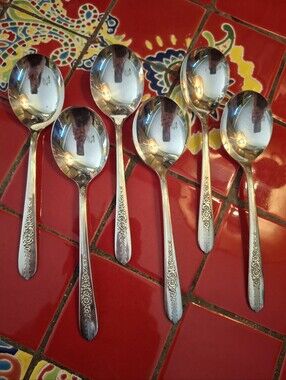 Oneida Silverplate Round Soup Spoons "Royal Rose" Vintage 1939 Set 6 VG-Ex 6 1/4
